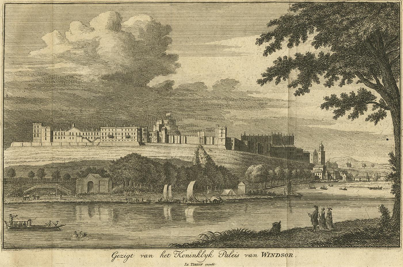 Beautiful view of the Royal Palace of Windsor in England. This print originates from Isaak Tirion's 'Hedendaagsche Historie, of Tegenwoordige Staat van alle volken.'.