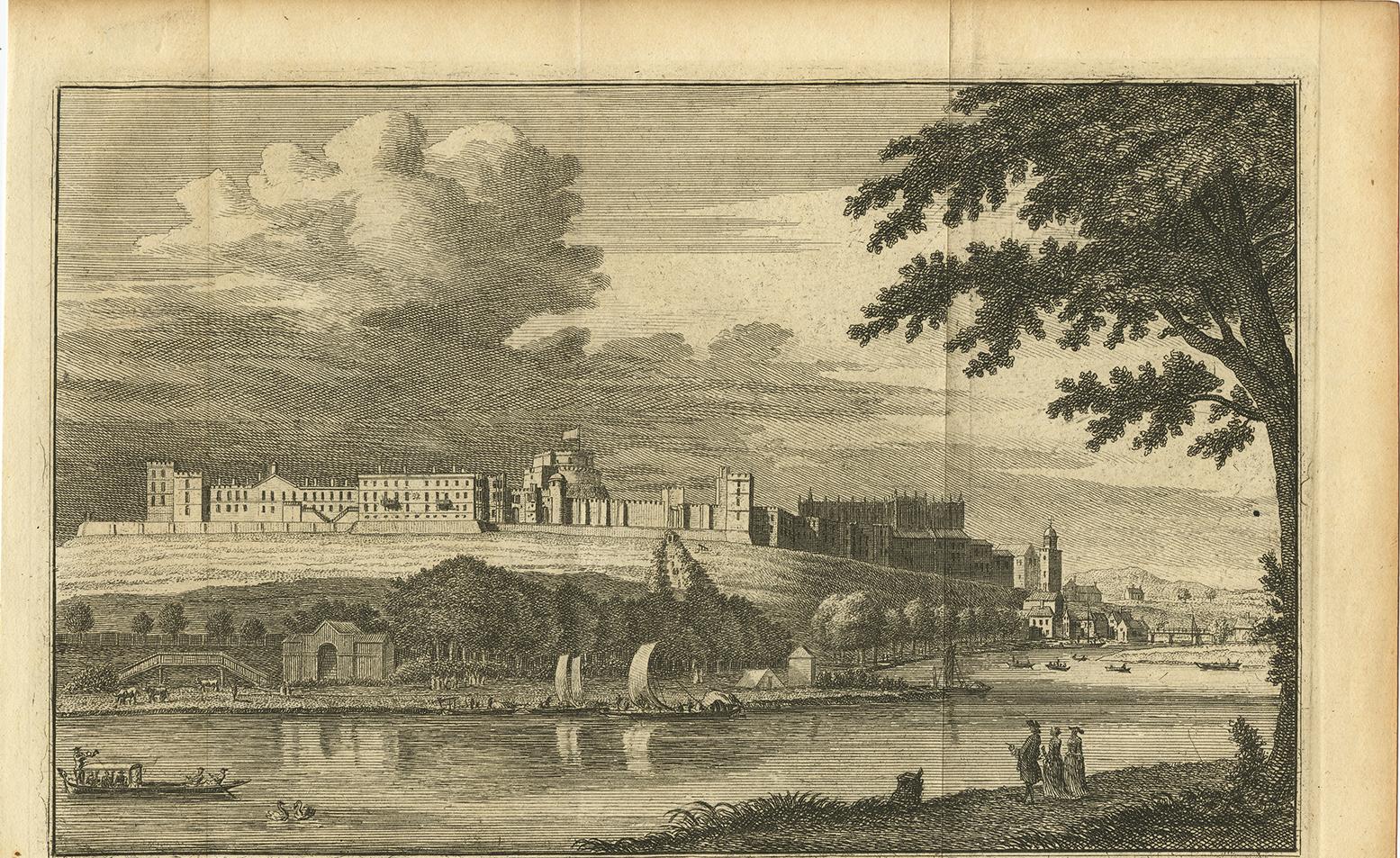 Grabado antiguo con una vista del Palacio Real de Windsor por i. Tirion, 1754 en Bueno estado para la venta en Langweer, NL
