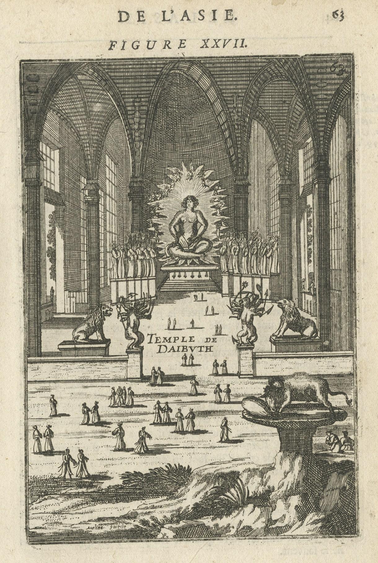Impression ancienne avec une vue du temple de Daibuth, Japon, 1683 Bon état - En vente à Langweer, NL