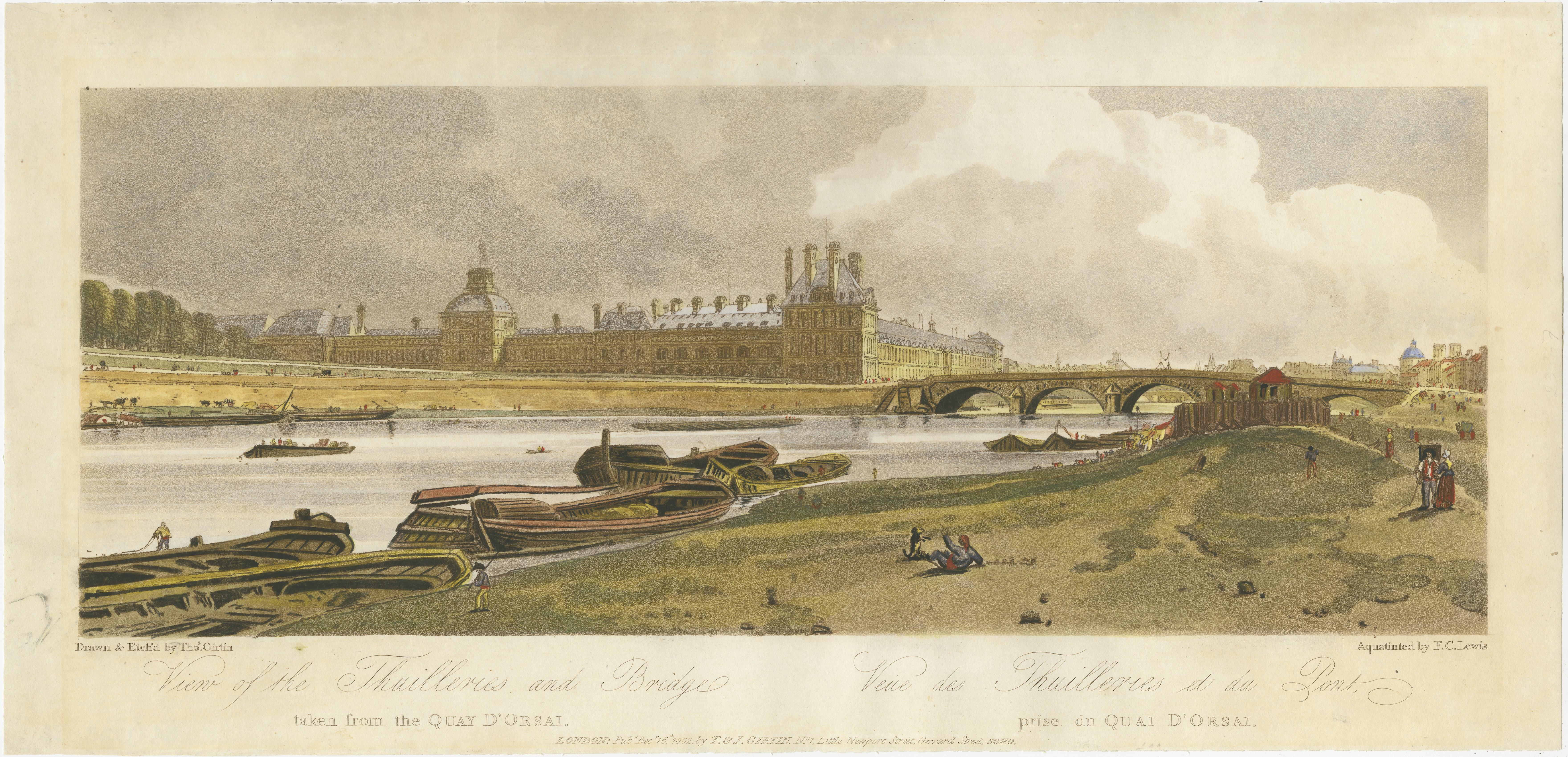 The antique print titled 'View of the Tuileries and Bridge' presents a picturesque view of the Tuileries Palace, a historic royal and imperial palace situated on the right bank of the River Seine in Paris, France. The palace was known for its