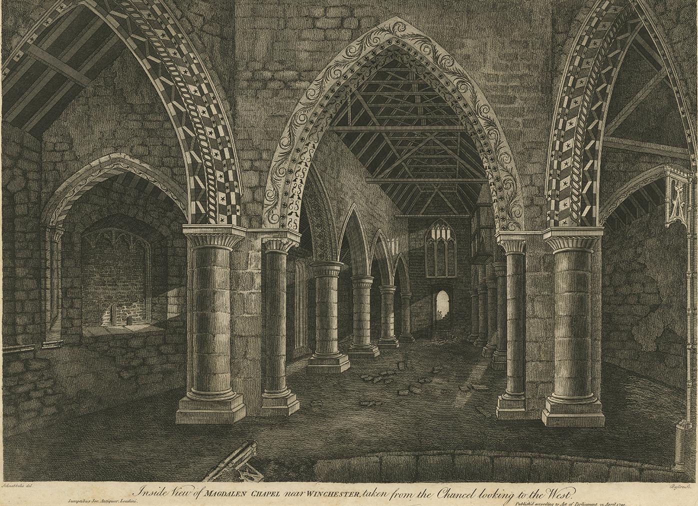 An antique line engraving by J. Basire after J. Schnebbelie, published in 1790. The Magdalen Chapel is located in the Cowgate in Edinburgh. The Chapel was built between 1541 and 1544 by Janet Rynd, widow of Michael MacQueen (died 1537), who had left