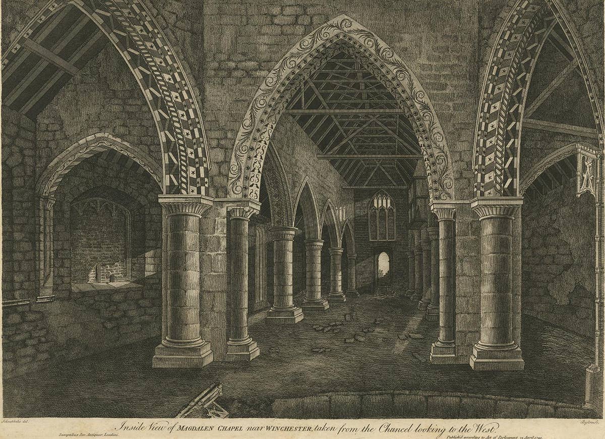 Antique Print with Inside View of Magdalen Chapel, Winchester, Hampshire, 1790