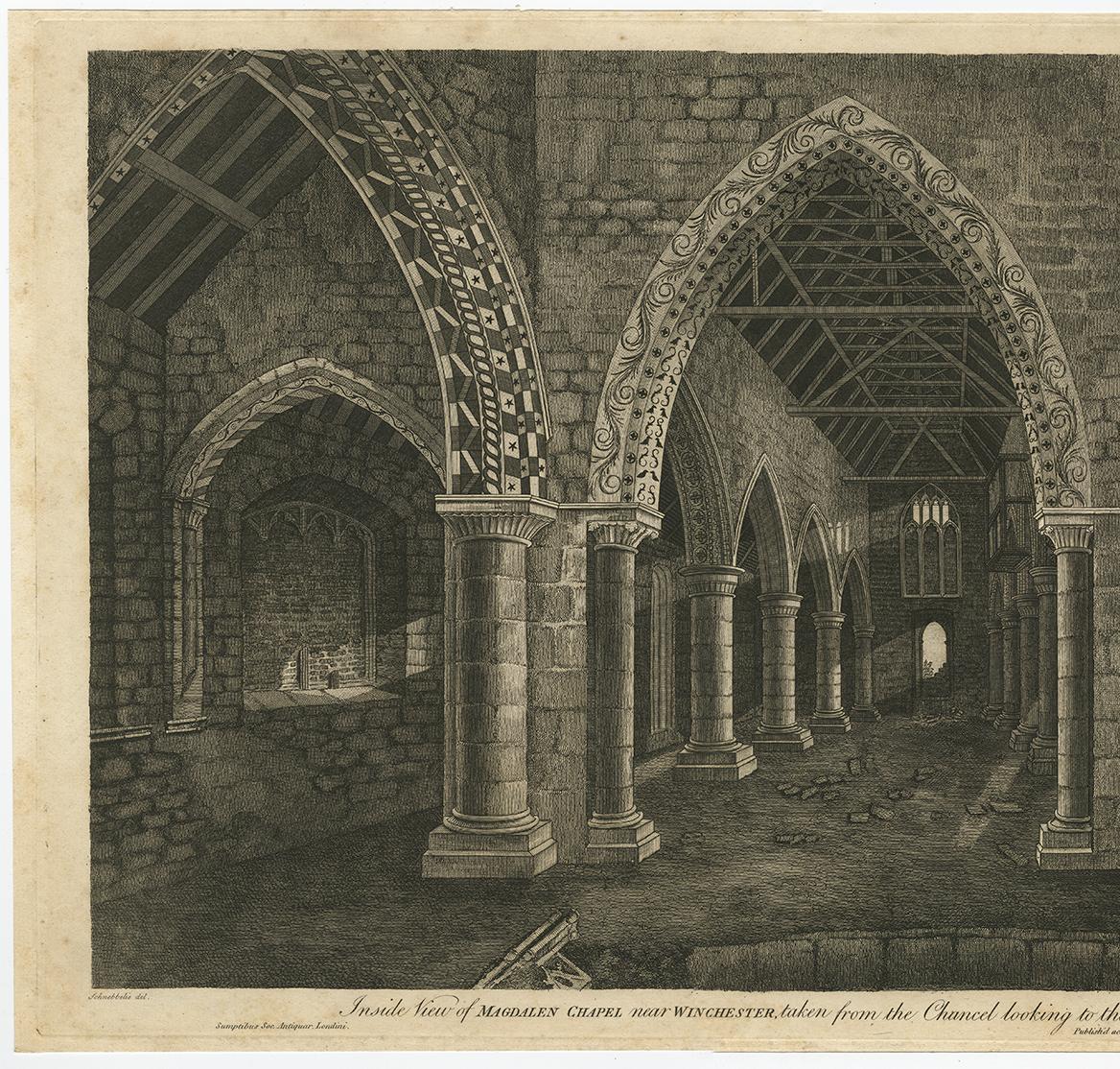 Antique Print with Inside View of Magdalen Chapel, Winchester, Hampshire, 1790 In Good Condition For Sale In Langweer, NL