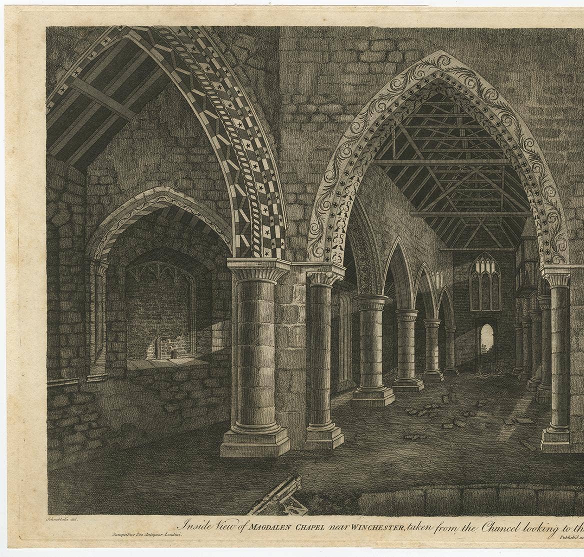 Antique Print with Inside View of Magdalen Chapel, Winchester, Hampshire, 1790
