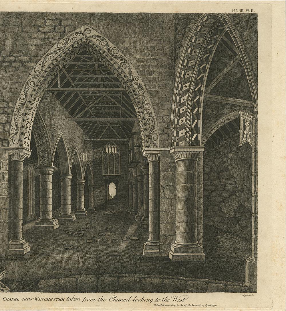 18th Century Antique Print with Inside View of Magdalen Chapel, Winchester, Hampshire, 1790 For Sale