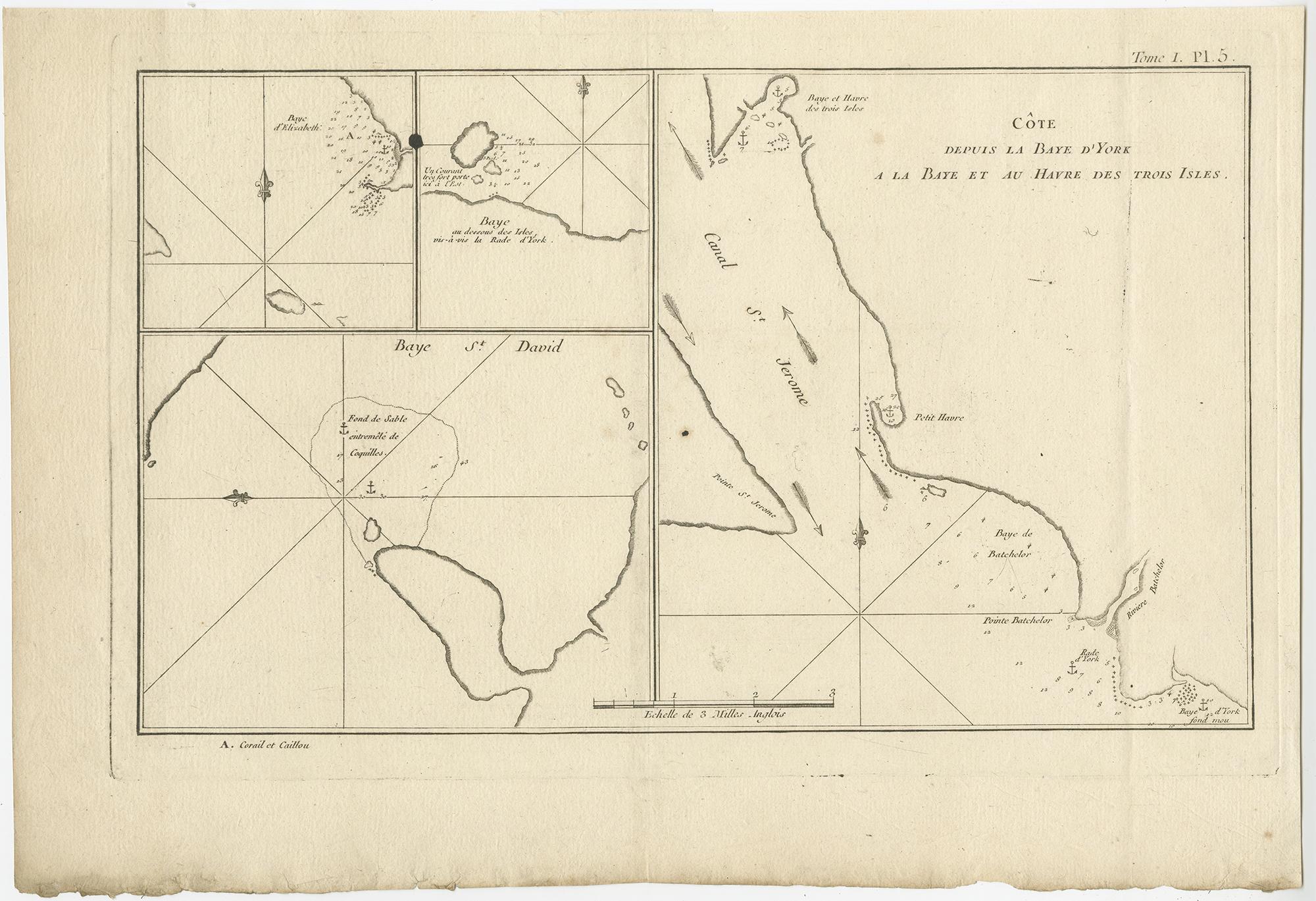 Antique map titled 'Côte depuis la Baye d'York (..)'. Charts of York's Bay, Haven of the Three Islands, St. David's Bay, and Elizabeth's Bay. 

Published in an edition of John Hawkesworth's atlas to accompany a French edition of Captain James