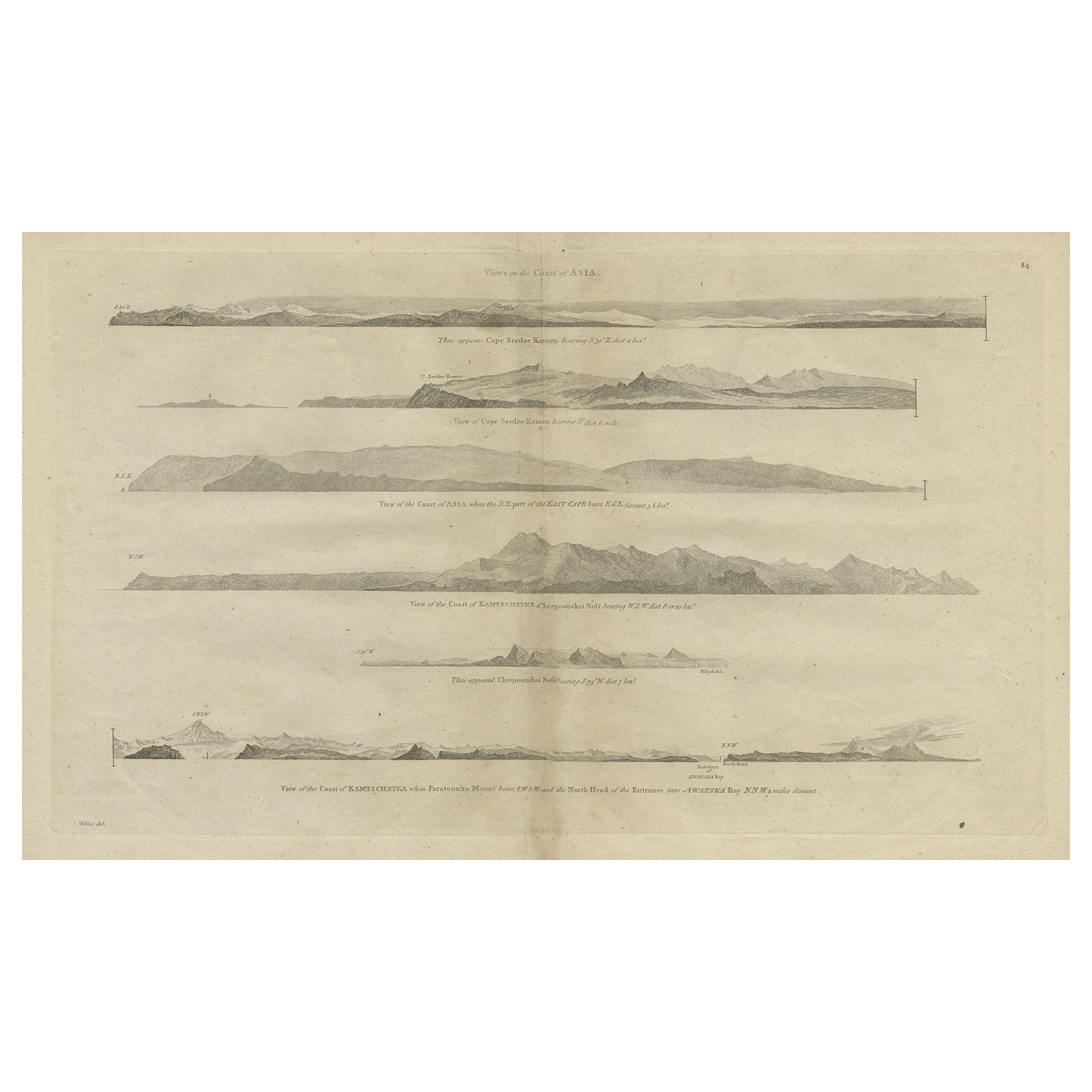 Impression ancienne avec vues côtières d'Asie par Cook, vers 1784