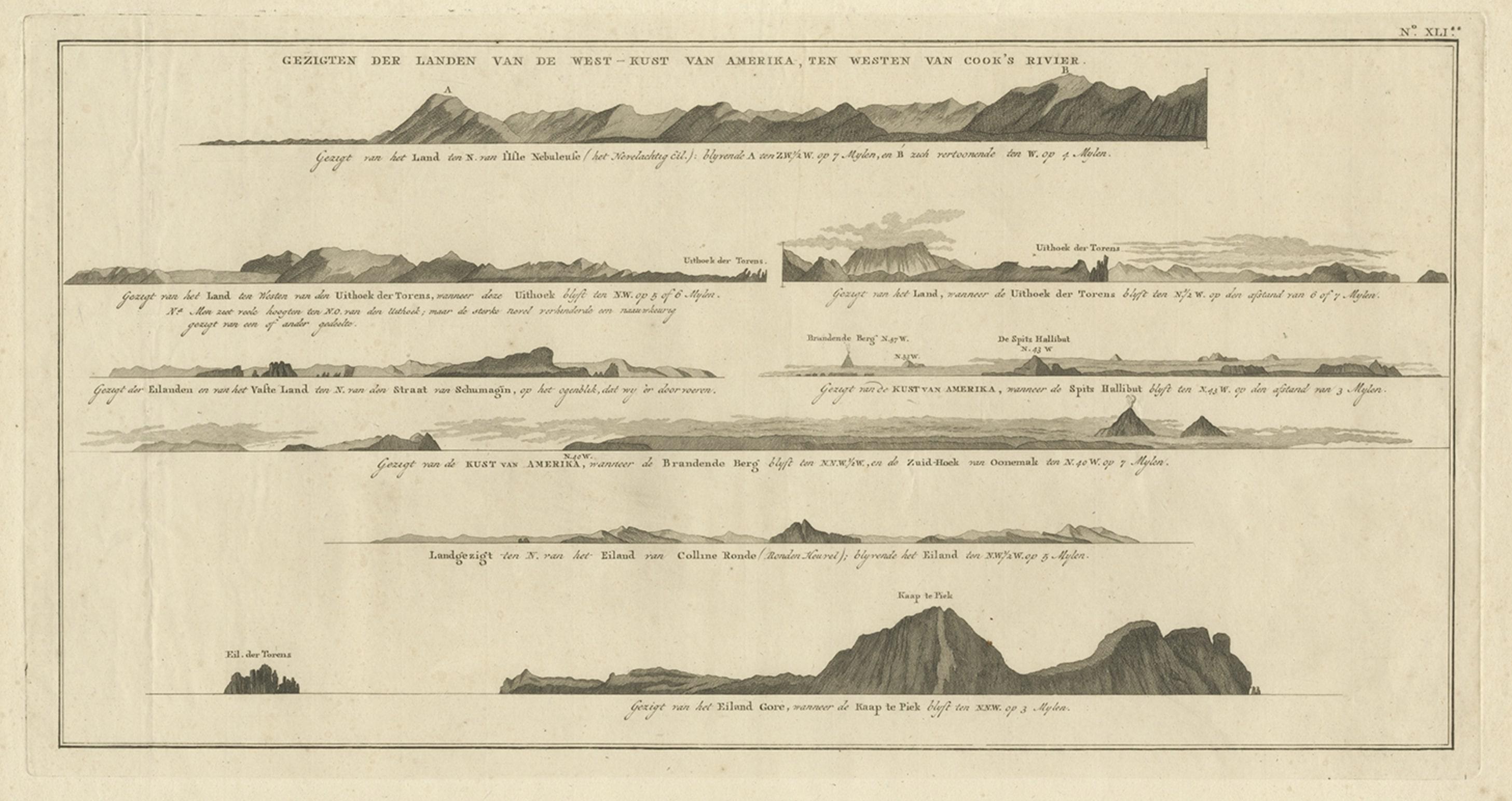 Paper Antique Print with Coastal Views of Islands Near The American Coast by Cook For Sale