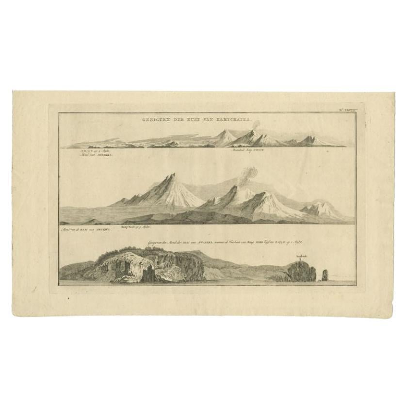 Antique print Russia titled 'Gezigten der Kust van Kamtchatka'. Print with coastal views of Kamchatka including volcanoes. Originates from 'Reizen Rondom de Waereld door James Cook (..)'. 

Artists and Engravers: Translated by J.D. Pasteur.