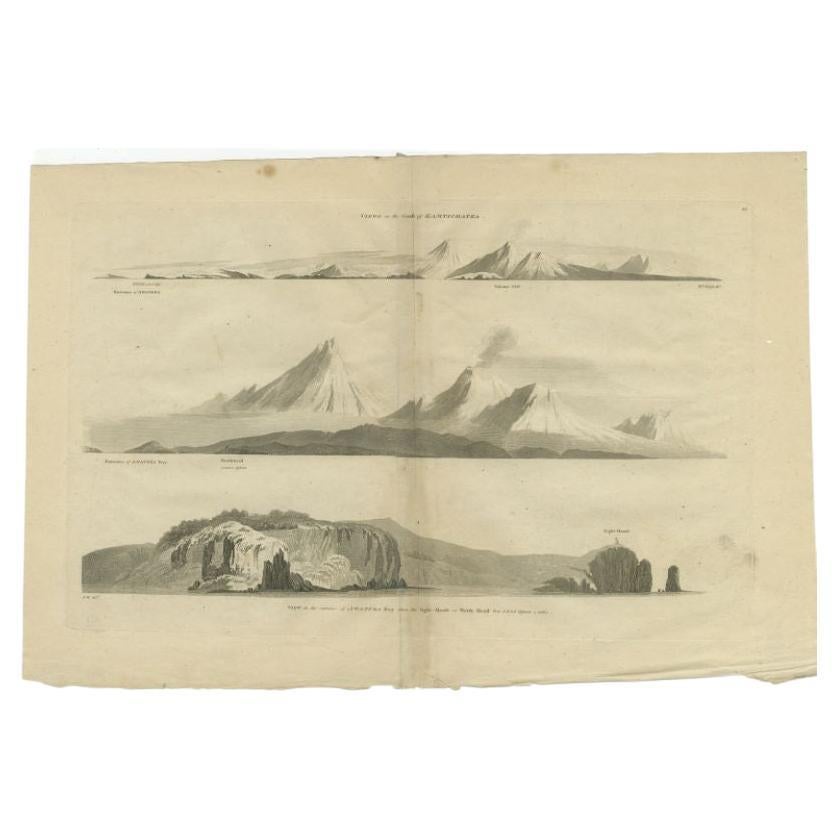 Antique print titled 'Views of the Coast of Kamtschatka (..)'. Print with coastal views of Kamchatka including volcanoes. Originates from an edition of Cook's Voyages. 

Artists and Engravers: James Cook (Author, 1728-1779) was a British captain,