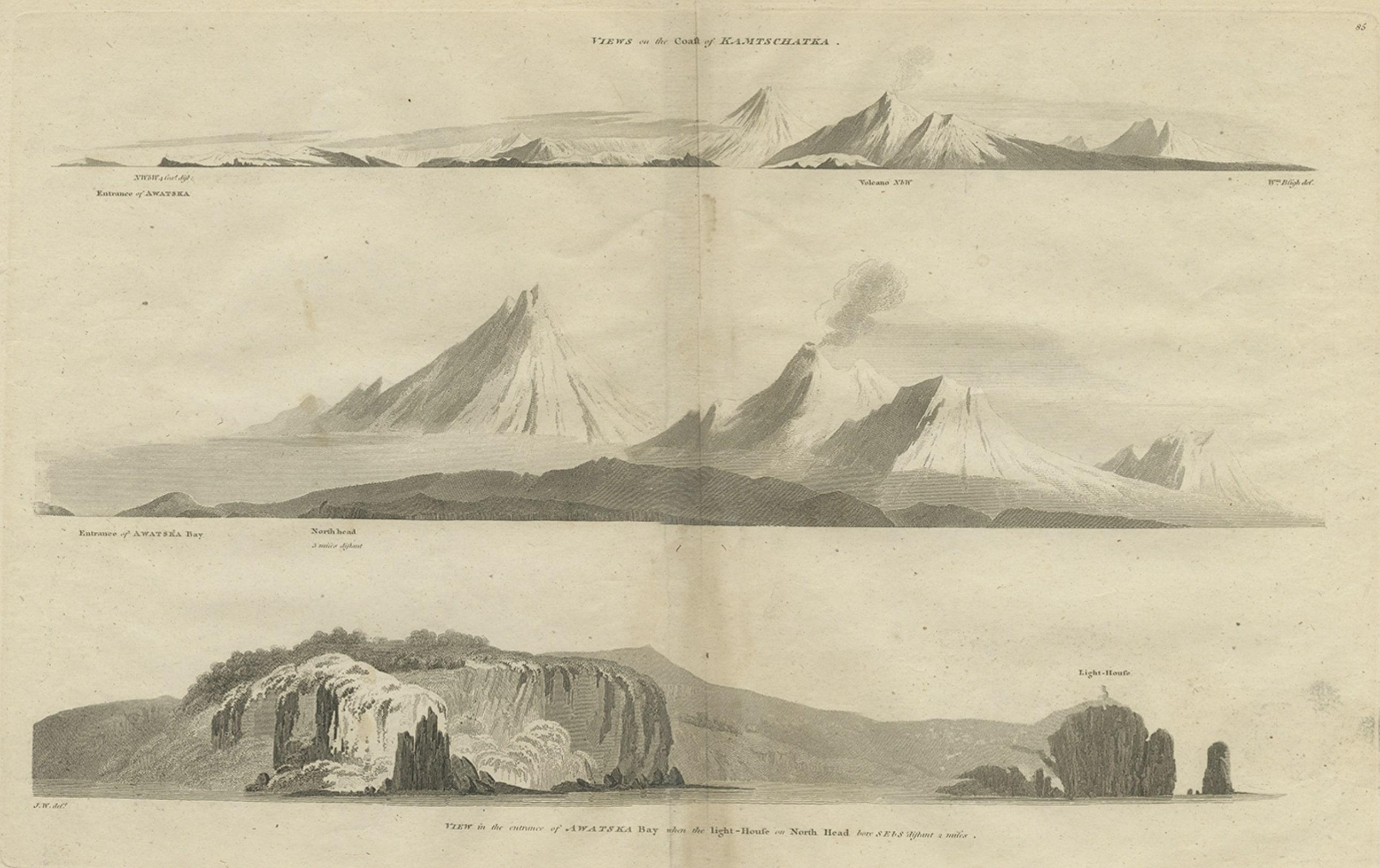 Antiker Druck mit Küstenansichten von Kamchatka im russischen Fernen Osten, um 1784