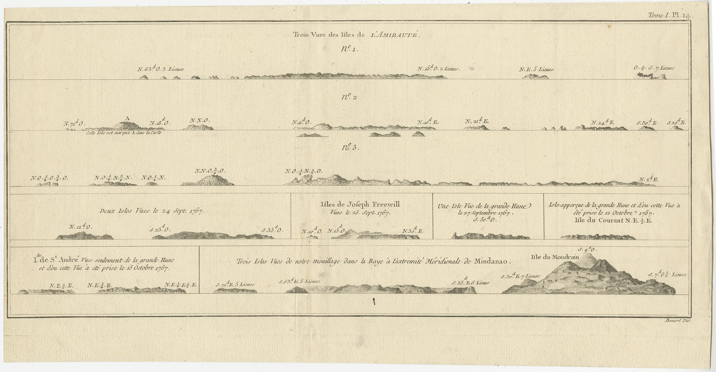 Antiker Druck mit dem Titel 'Trois Vues des Isles de l'Amirauté (..)'. Mehrere Küstenansichten der Admiralitätsinseln. Die Admiralitätsinseln sind eine Inselgruppe von 18 Inseln im Bismarck-Archipel, nördlich von Neuguinea im