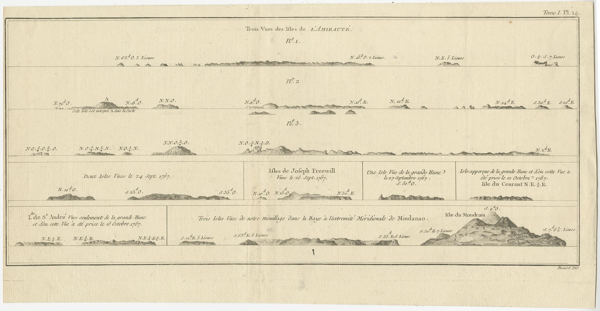 Antique print titled 'Trois Vues des Isles de l'Amirauté (..)'. Several coastal views of the Admiralty Islands. The Admiralty Islands are an archipelago group of 18 islands in the Bismarck Archipelago, to the north of New Guinea in the South Pacific