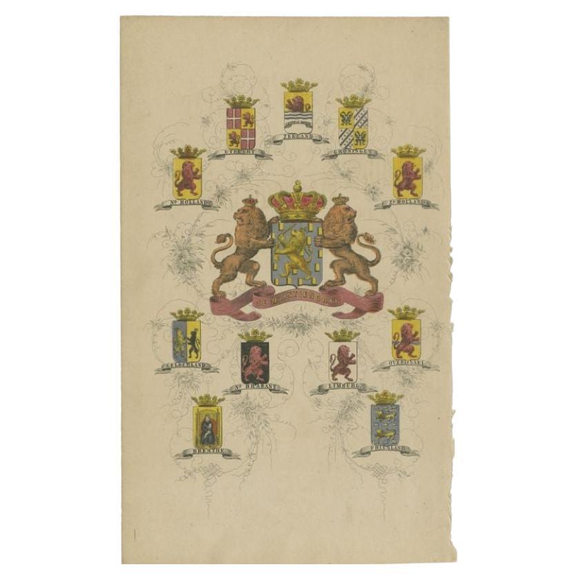 Impression ancienne avec armoiries des Pays-Bas, 1864 en vente