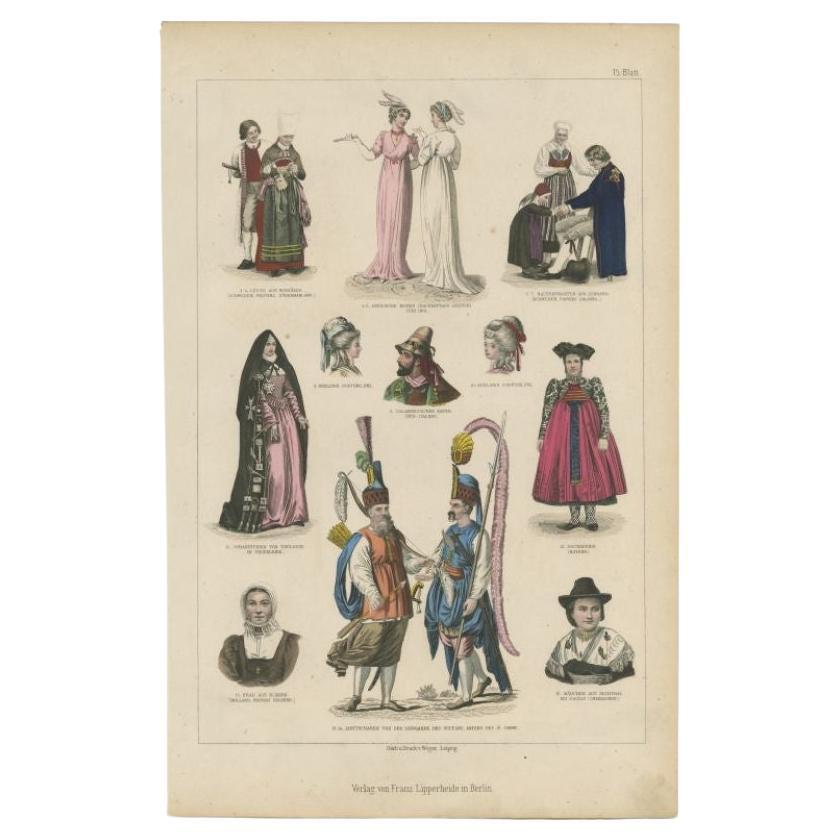 Antique Print with Costumes of England, Sweden, Holland and Others For Sale