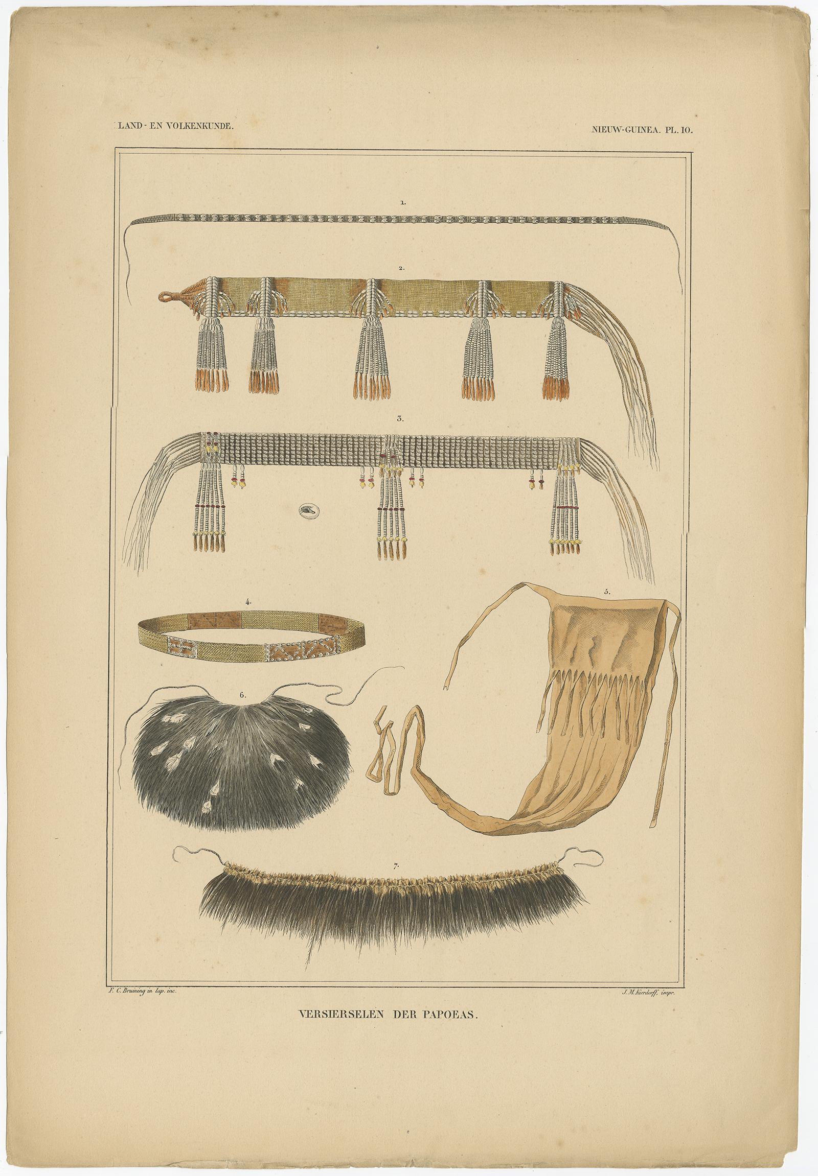 Grabado antiguo con decoraciones 'Nueva Guinea, Indonesia' de Temminck, circa 1840 siglo XIX en venta