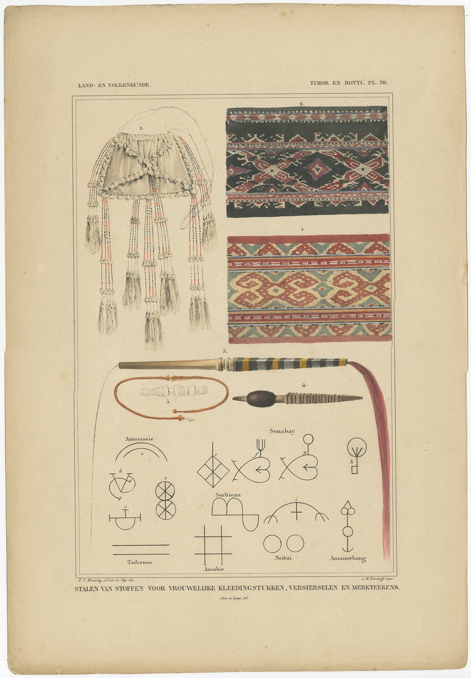 Antique Print with Fabrics of Timor and Rotti 'Indonesia', Temminck, circa 1840 In Good Condition For Sale In Langweer, NL