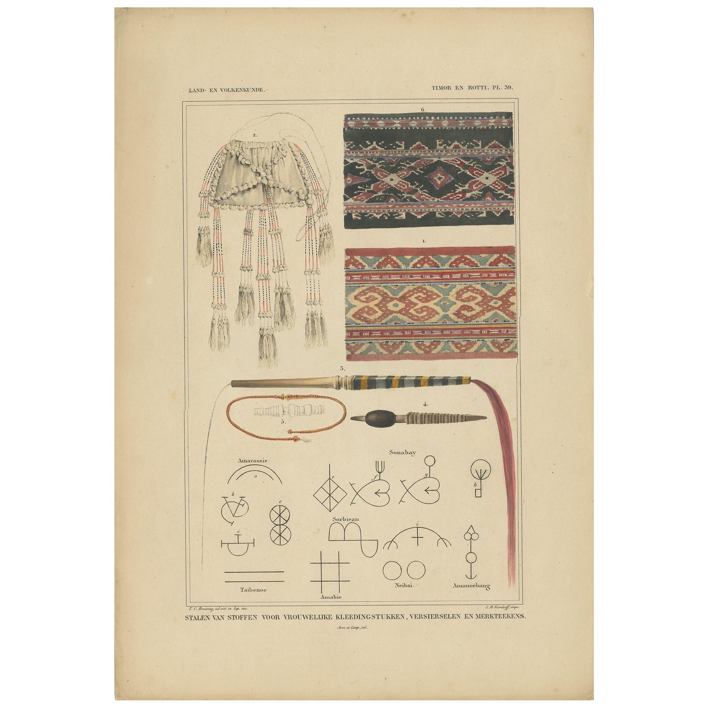 Antique Print with Fabrics of Timor and Rotti 'Indonesia', Temminck, circa 1840