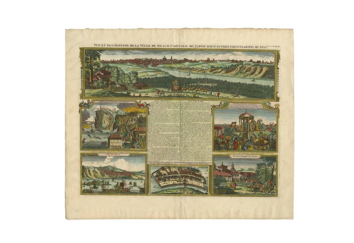 Antique print titled 'Vue et Description de la Ville de Meaco Capitale du Japon Avec D'Autres Particularitez du Pays'. Beautifully engraved and fascinating folio sheet with five views and one plan surrounding a central panel of French text