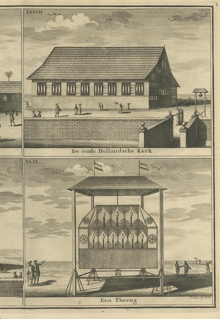 Grabado antiguo con cuatro vistas de Ambon por Valentijn '1726 Holandés en venta