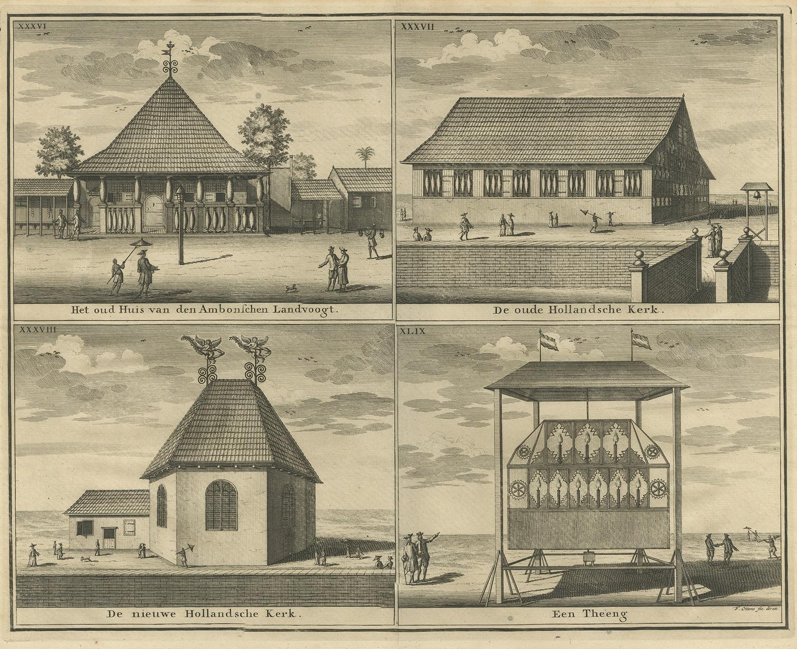 Antiker Druck mit vier Ansichten von Bernstein von Valentijn '1726' im Zustand „Gut“ im Angebot in Langweer, NL
