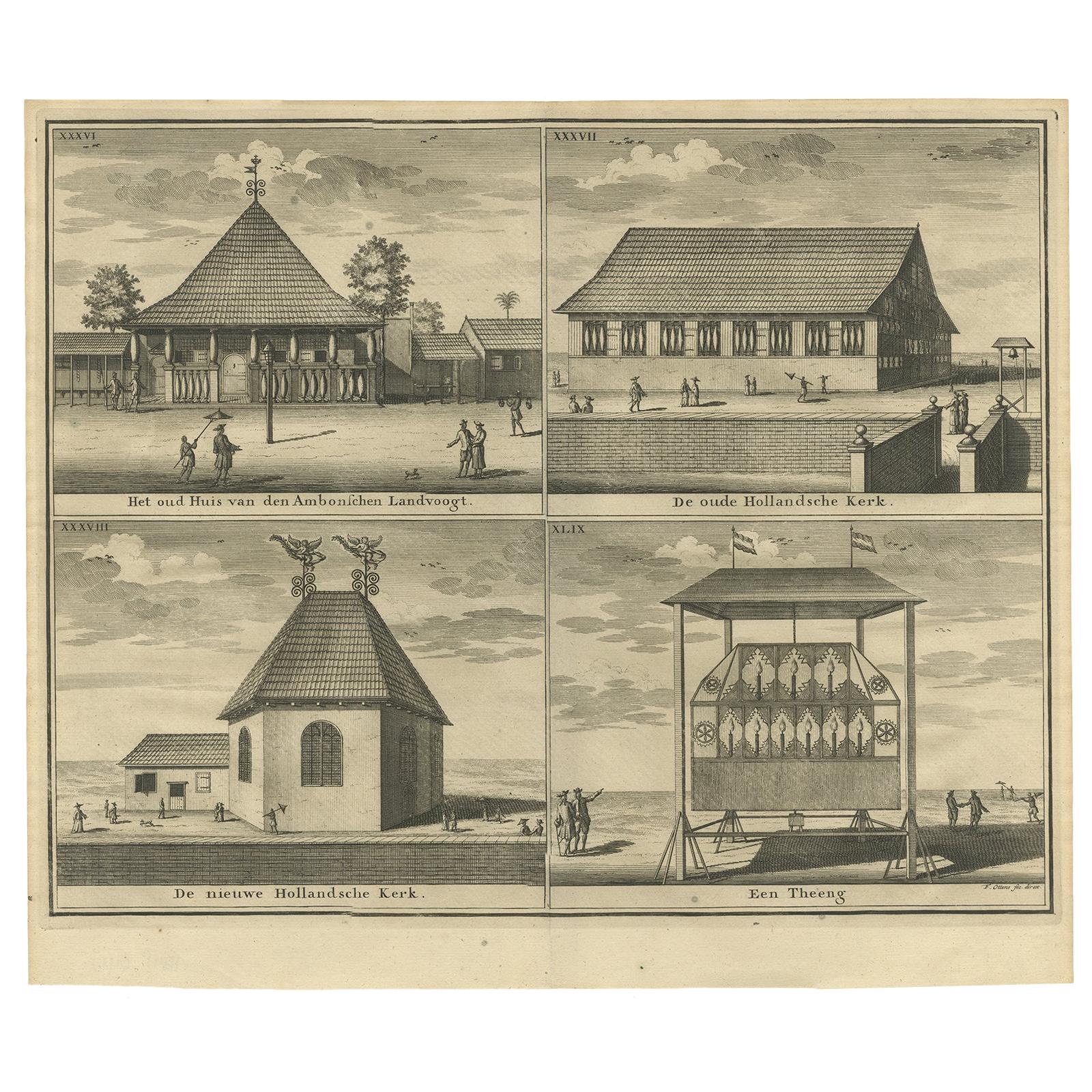 Impression ancienne avec quatre vues d'ampoule par Valentijn '1726' en vente