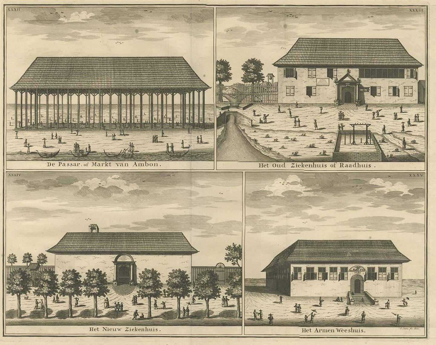 The print appears to be a collection of four separate illustrations arranged in a grid, each depicting notable buildings in Ambon, Indonesia, during the time of Dutch colonial rule. This is evidenced by the Dutch titles for each of the images, which