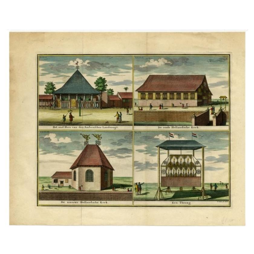 Impression ancienne avec quatre vues d'ampoule, Indonésie, 1726