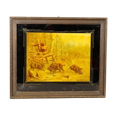 Antique Print with Humoristic Scene Featuring Wild Boars and a Painter