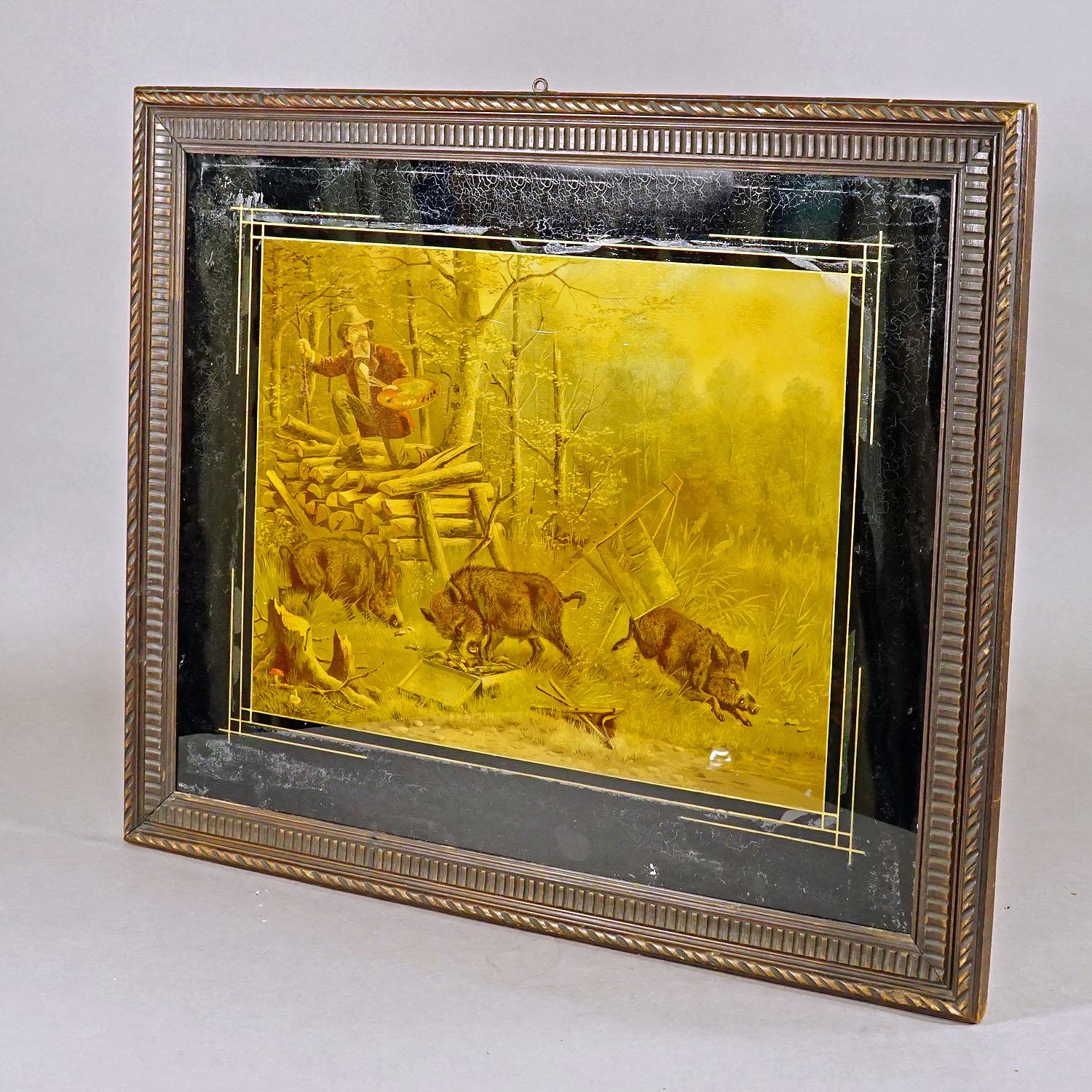 Forêt-Noire Impression ancienne avec une scène humoristique représentant des sangles de sauvages et un peintre en vente