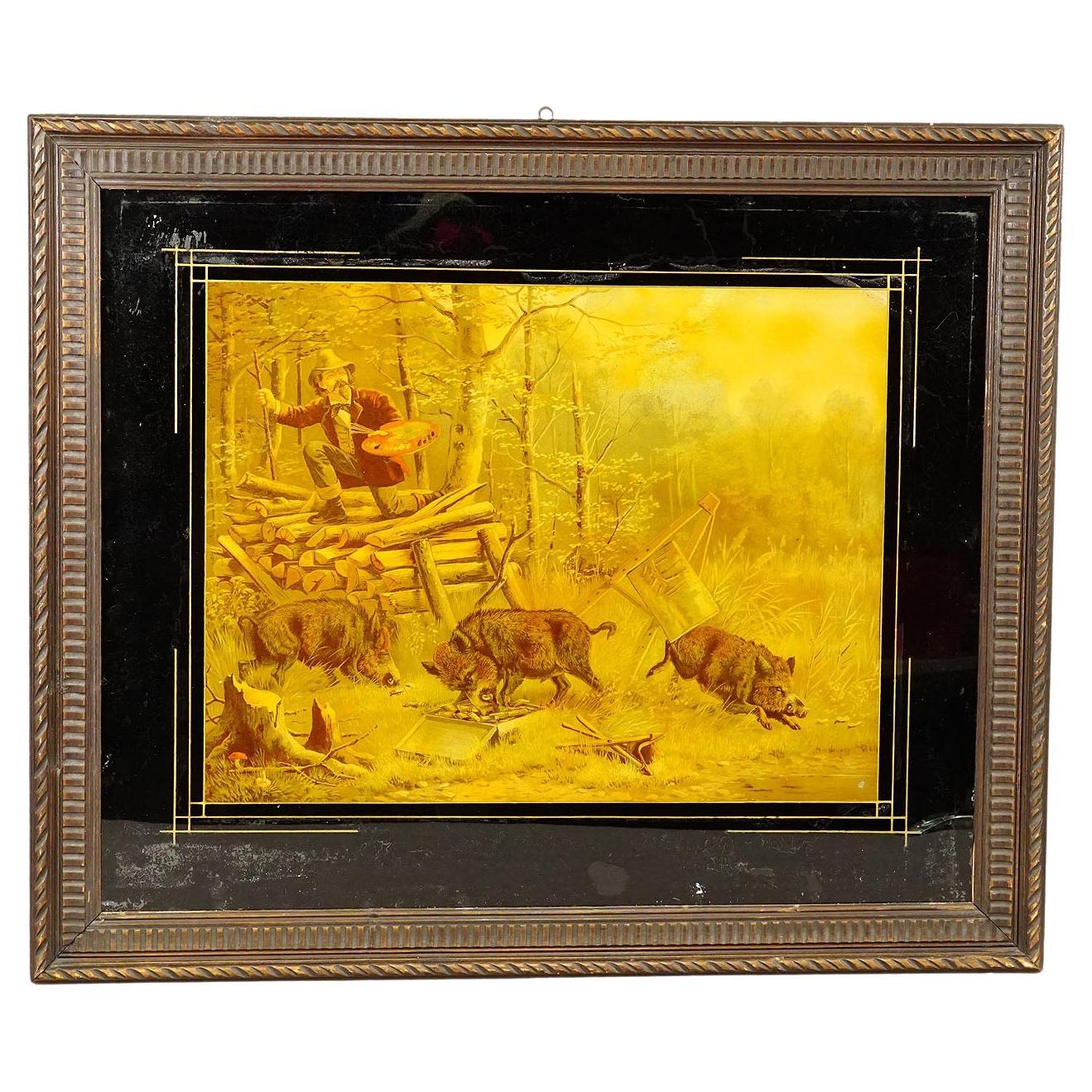 Impression ancienne avec une scène humoristique représentant des sangles de sauvages et un peintre en vente