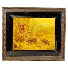 Antique Print with Humoristic Scene Featuring Wild Boars and a Painter