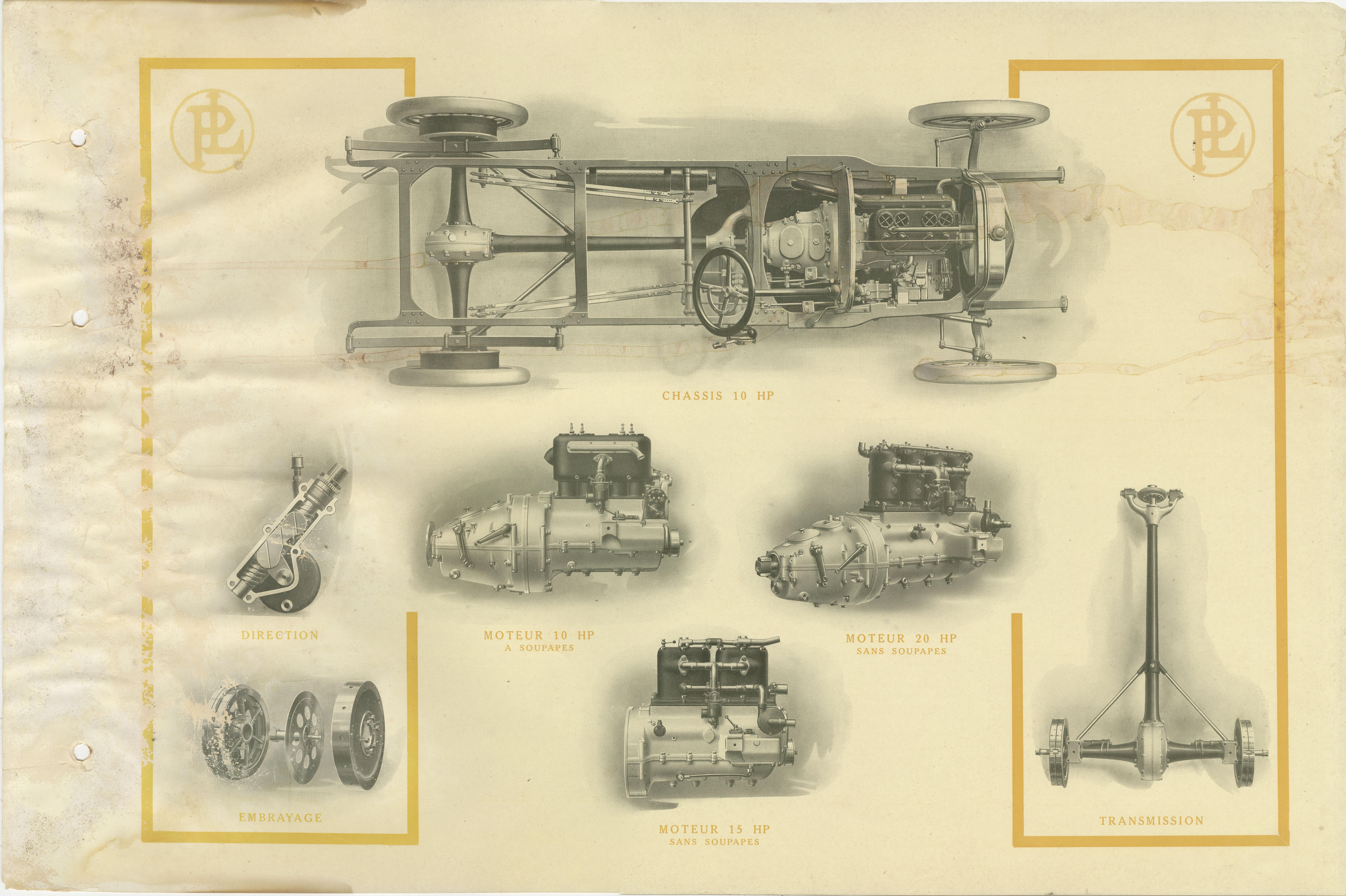 Antique print with illustrations of car parts, double sided. The front shows chassis, car engines and other parts. The verso shows illustrations of various cars with their details. This print originates from a rare catalog of the exclusive French