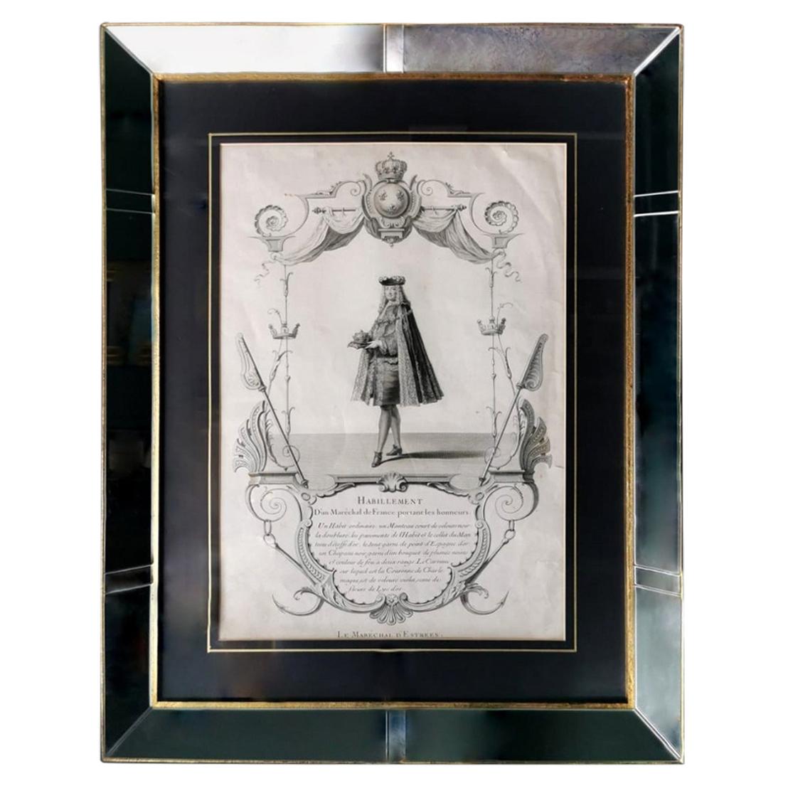 Antique Print with Mirrors and Gold Frame Depicting Marshal V.M. D
Estrées 1785