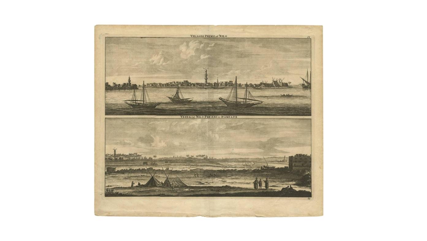 18th Century Antique Print with Panoramic Views of the Nile 'Egypt' by C. De Bruijn '1700' For Sale