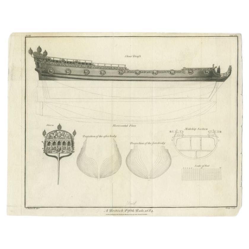 Antique Print with Sections of a British Warship, 1802 For Sale