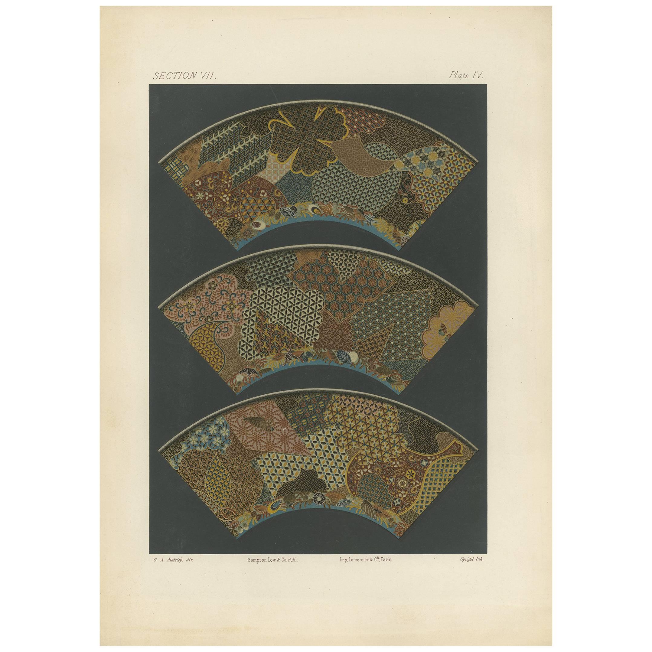 Antique Print with Segments of a Japanese Plate by G. Audsley, 1884 For Sale