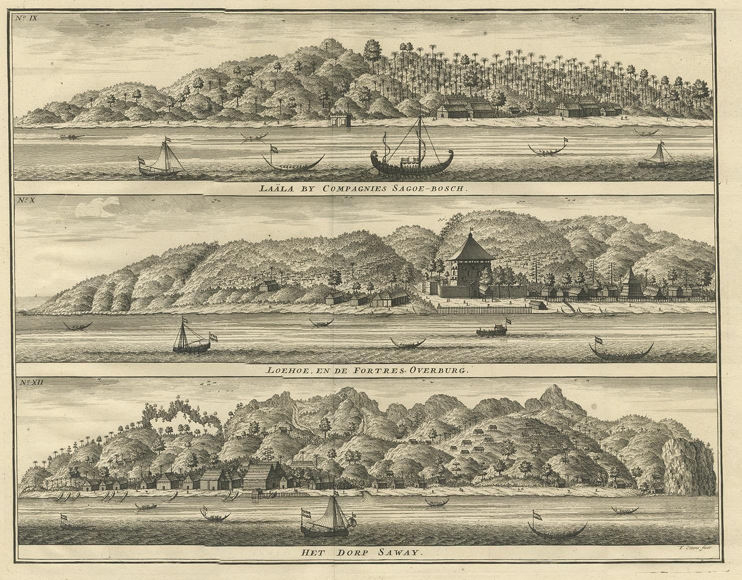 Antique print titled 'Laala by Compagnies Sagoe-Bosch, Loehoe en de Fortres Overburg, het dorp Saway'. This print shows views of Laala on the peninsula Hoamoal, Fort Overburg near Luhu, and the village Saway. These places are all on the Indonesian