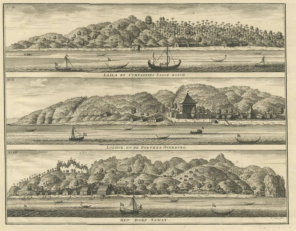 Antique Print with Three Views of Ambon by Valentijn, 1726