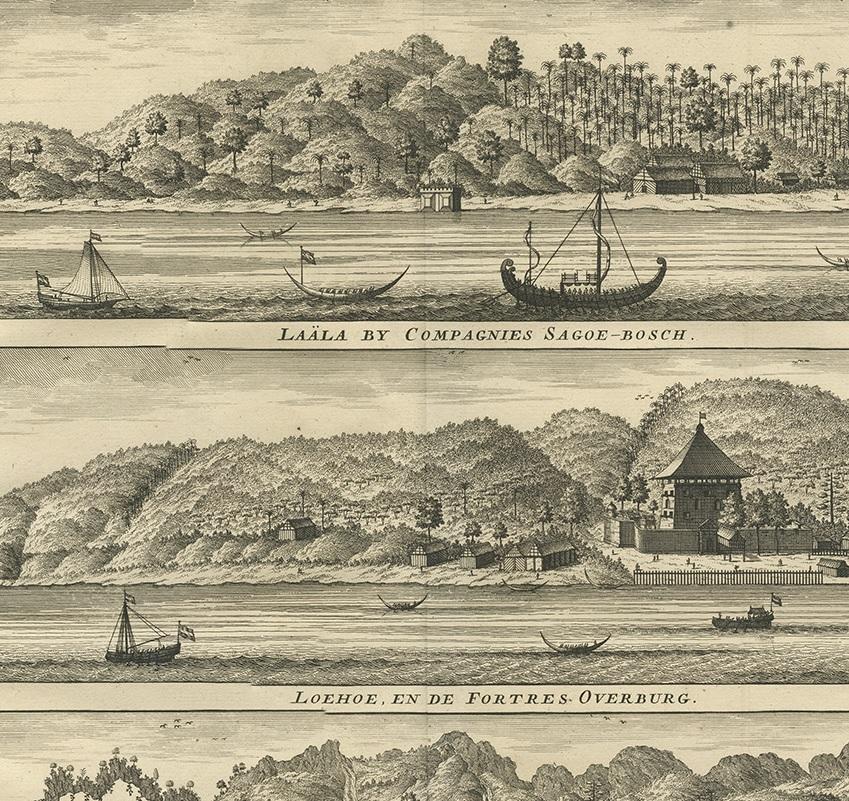 Dutch Antique Print with Three Views of Ambon by Valentijn, 1726 For Sale