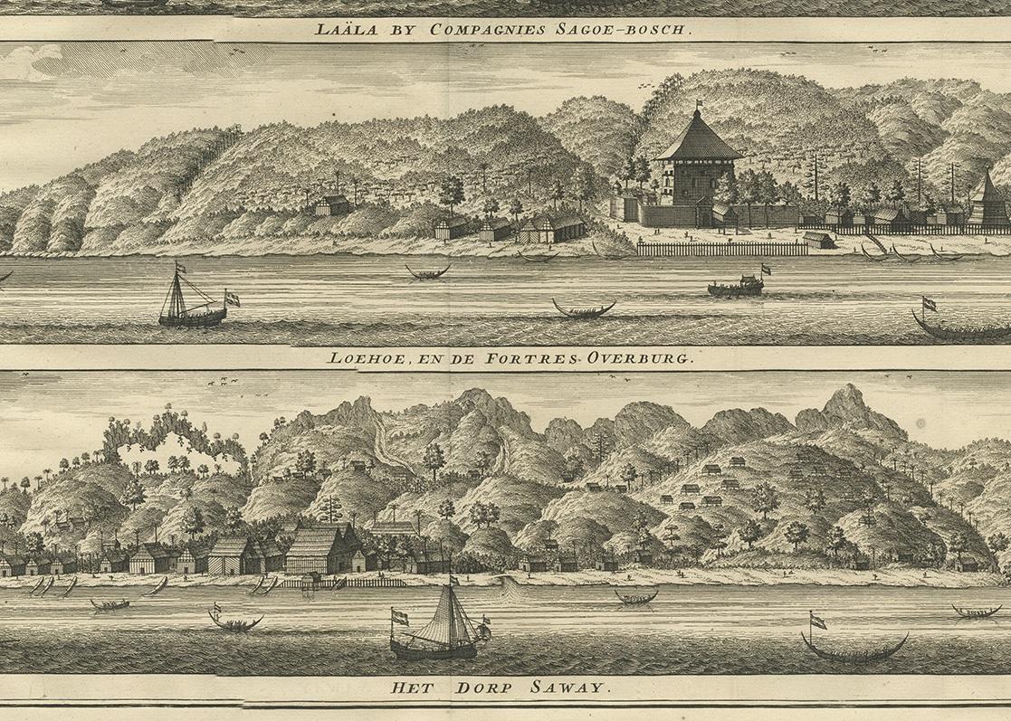 Antique Print with Three Views of Ambon by Valentijn, 1726 In Good Condition For Sale In Langweer, NL