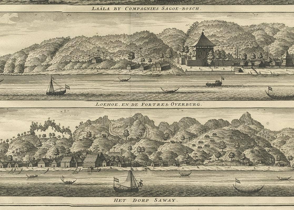 Antique Print with Three Views of Ambon by Valentijn, 1726