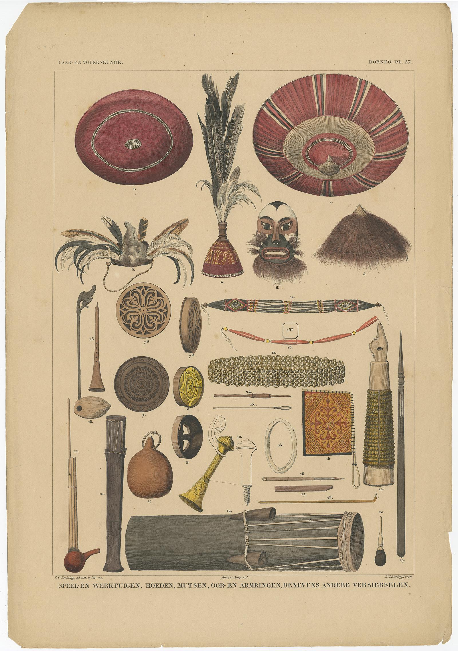 Antique Print with Tools from Borneo 'Indonesia' by Temminck, circa 1840 In Good Condition For Sale In Langweer, NL
