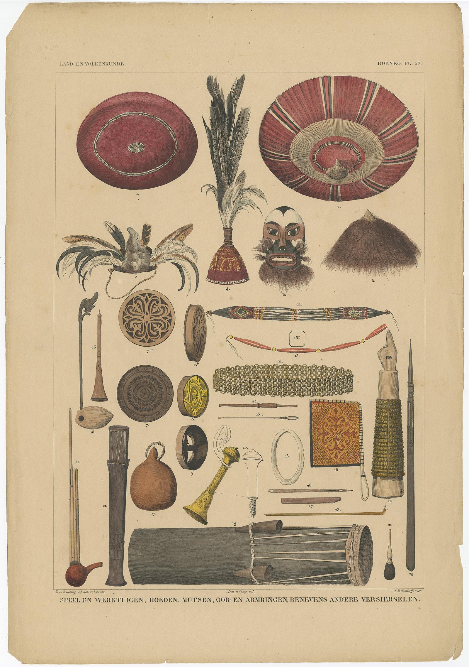 Stampa antica con attrezzi del Borneo 'Indonesia' di Temminck, 1840 circa In condizioni buone in vendita a Langweer, NL