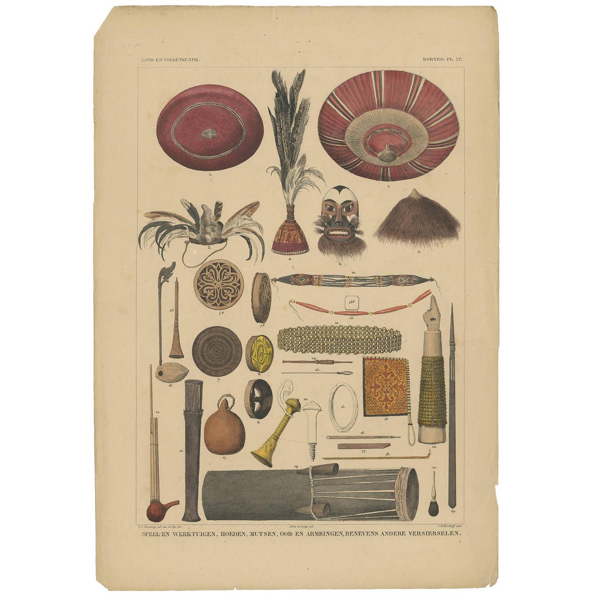 Antique Print with Tools from Borneo 'Indonesia' by Temminck, circa 1840