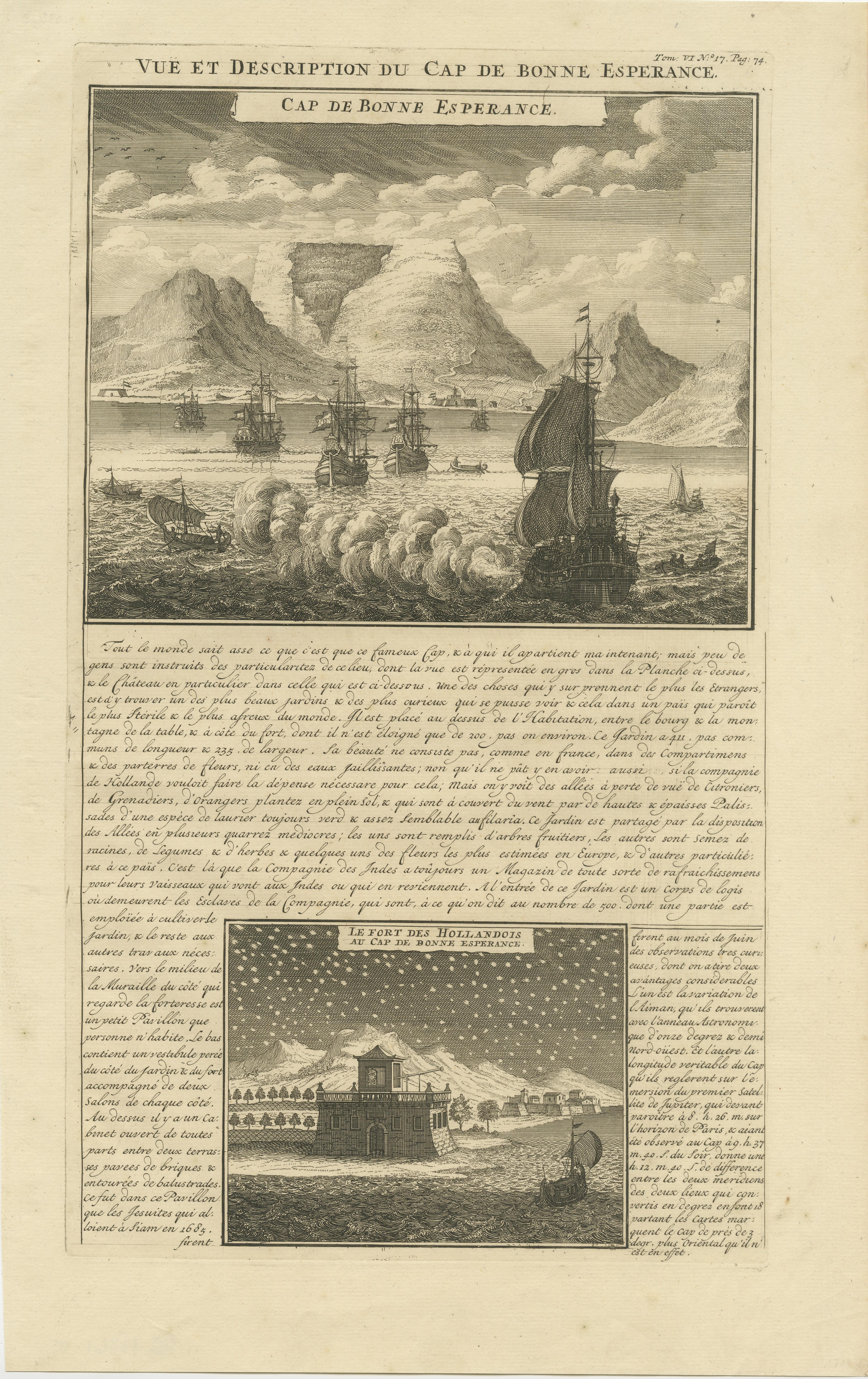 Antique print titled 'Vue et Description du Cap de Bonne Esperance'. Striking view of the Cape of Good Hope, with Dutch ships in the harbor and Table Mountain in the background. A night view of the Dutch Fort at the Cape is shown below. Originates