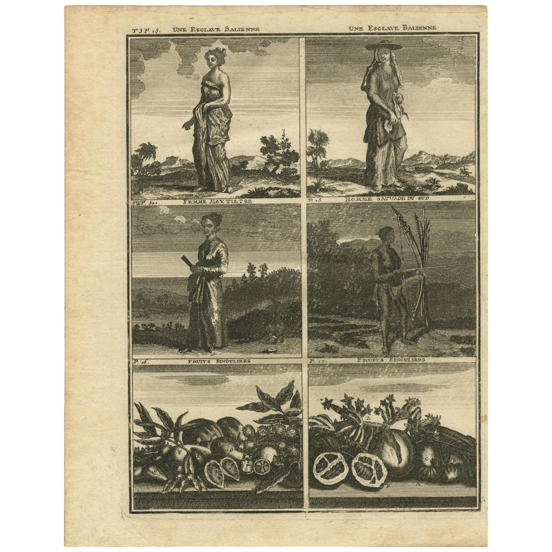 Grabado antiguo con varias escenas asiáticas 'Incl. Indonesia" por C. De Bruin, 1728