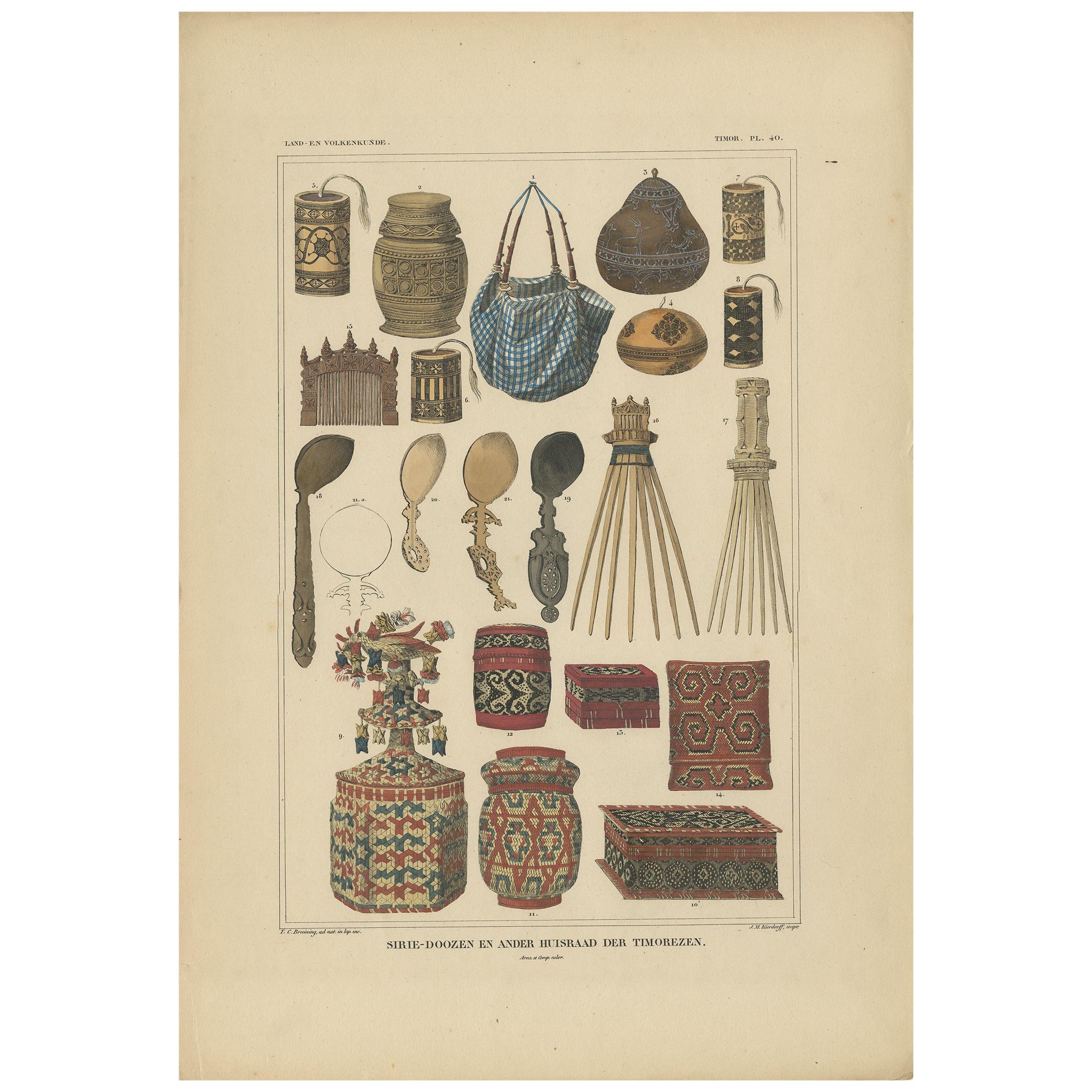 Antique Print with Various Furniture of Timor ‘Indonesia’, Temminck, circa 1840