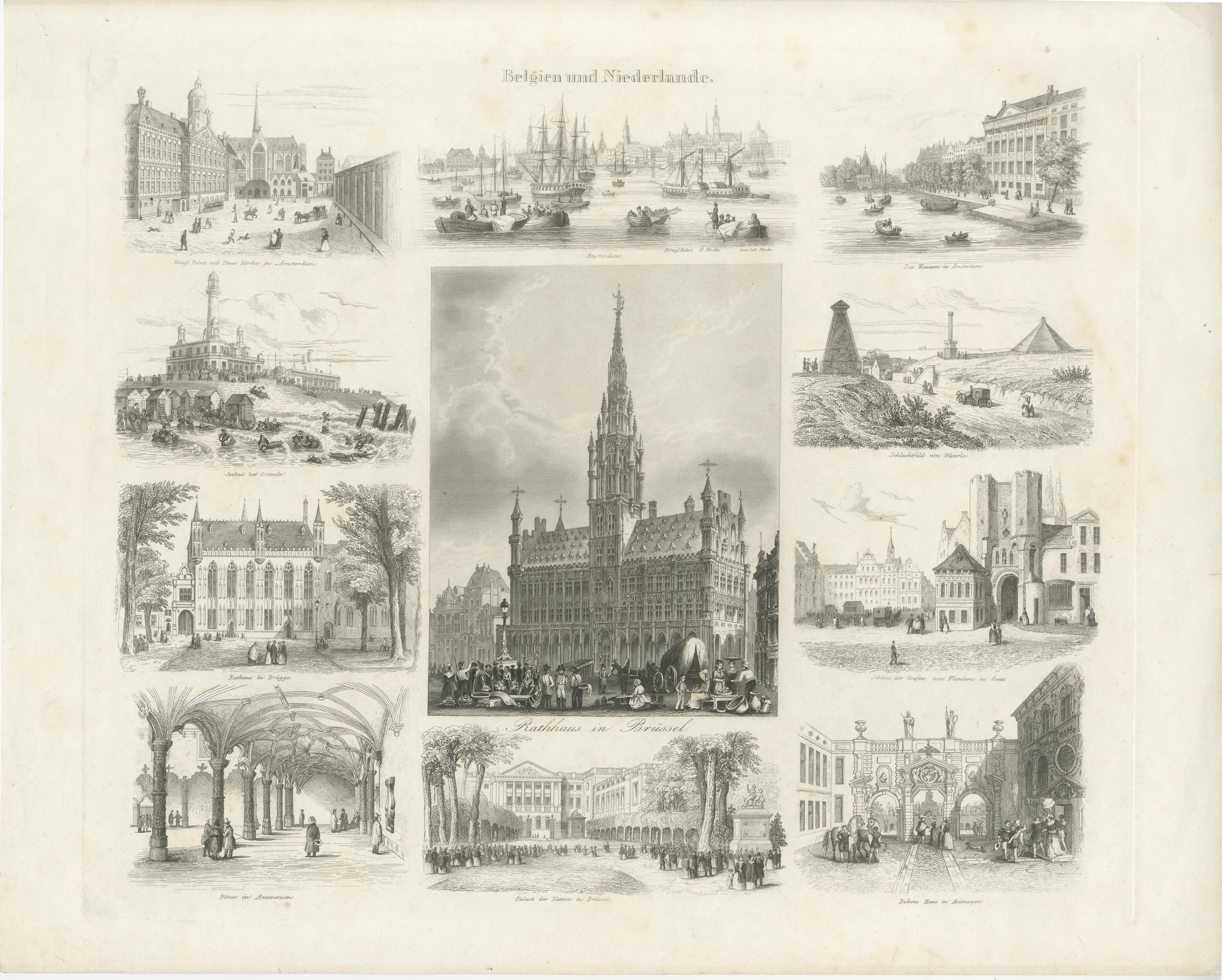 Antique print titled 'Belgien und Niederlande'. Steel engraving with various views of Belgium and the Netherlands. The views in the print include: Town Hall at Brussels
Royal Palace at Amsterdam - Amsterdam - Museum in Amsterdam - Waterloo