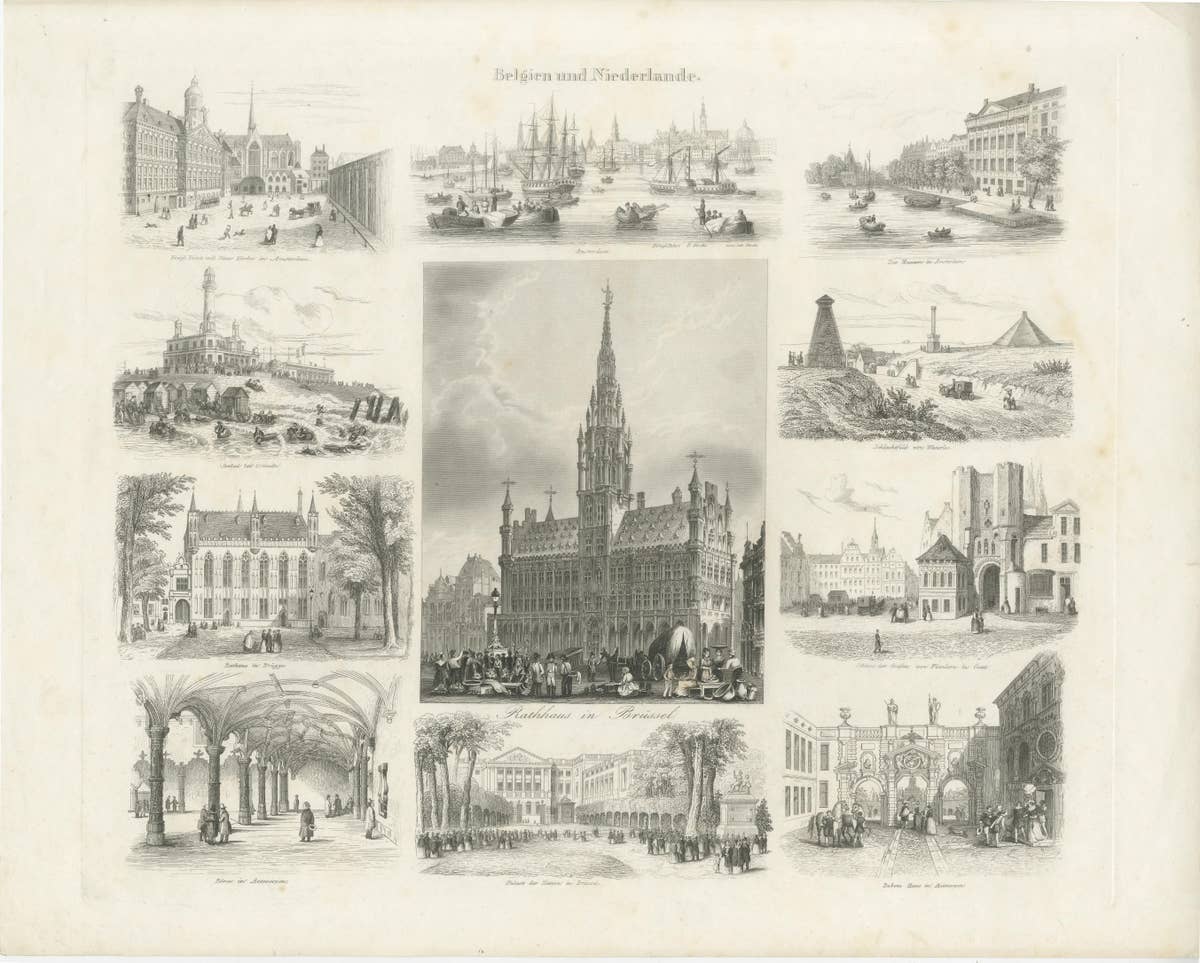 Antique Print with Various Views of Belgium and the Netherlands